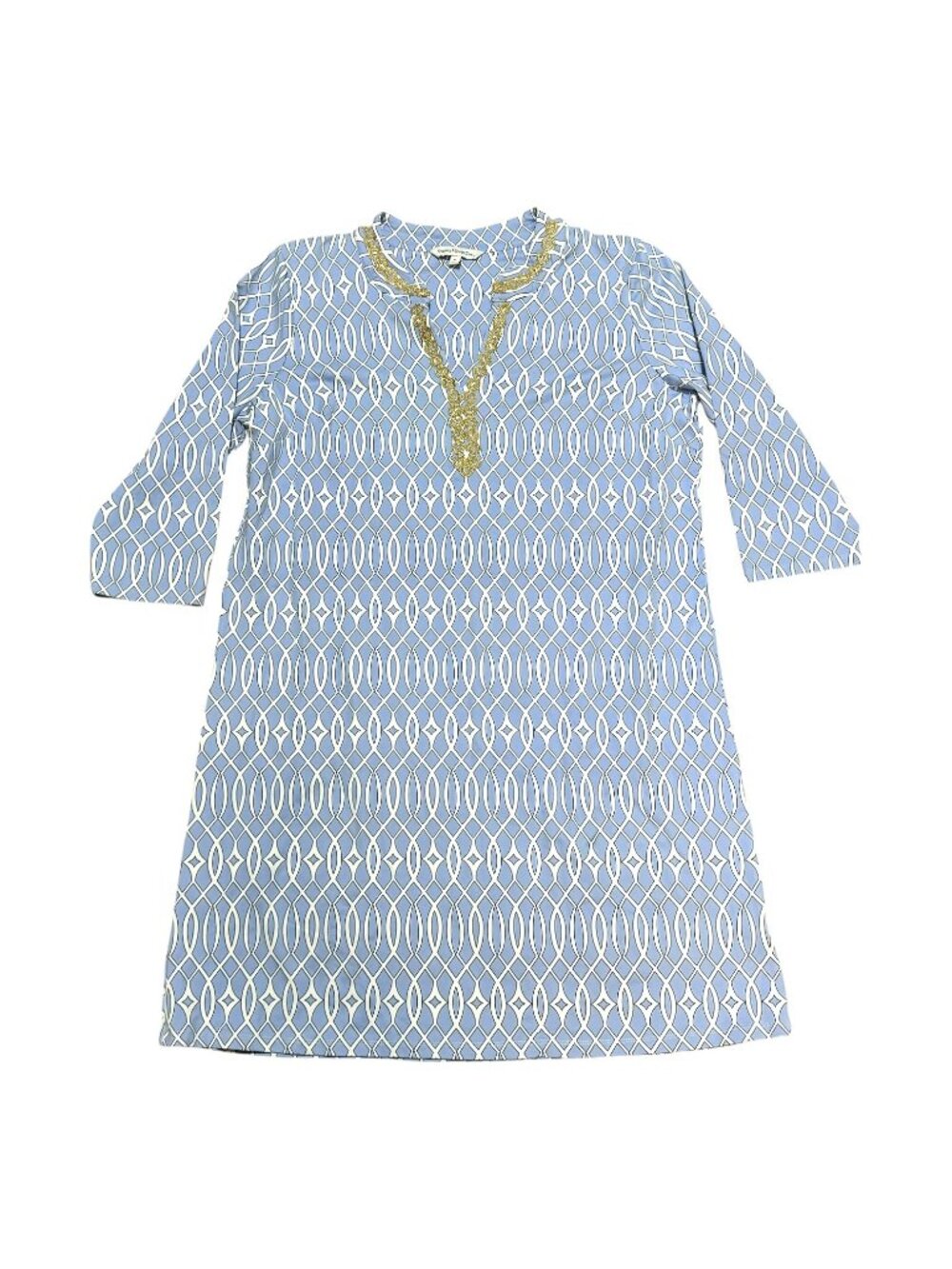 Sunsets & Sweet Tea Womens Blue & White Gold Geometric Tunic Dress Midi Summer